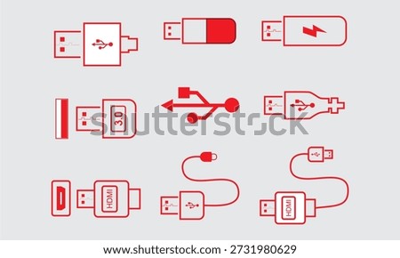 USB and HDMI Cable Icons: Red Line Illustrations of Connectors, Adapters, and Plugs