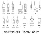 USB, HDMI, ethernet and other cable and port icon set isolated on white background. Line icons of connection plugs and sockets - flat vector illustration.