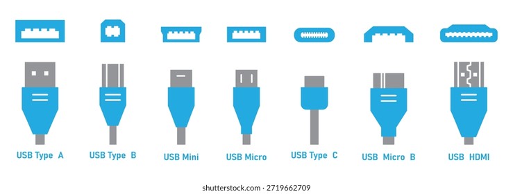 Conjunto de iconos USB y HDMI con conectores tipo A, tipo B, mini, micro, tipo C y micro B en formato de Vector limpio para proyectos tecnológicos, interfaces de dispositivos y presentaciones digitales