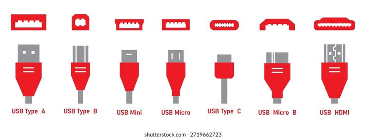 Conjunto de iconos USB y HDMI con conectores tipo A, tipo B, mini, micro, tipo C y micro B en formato de Vector limpio para proyectos tecnológicos, interfaces de dispositivos y presentaciones digitales