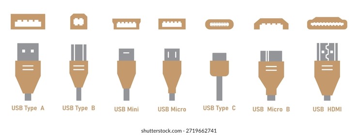 Conjunto de iconos USB y HDMI con conectores tipo A, tipo B, mini, micro, tipo C y micro B en formato de Vector limpio para proyectos tecnológicos, interfaces de dispositivos y presentaciones digitales