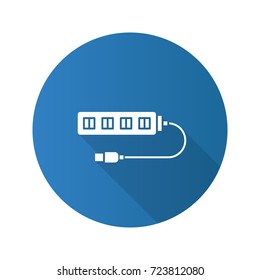 USB hub flat design long shadow glyph icon. Multi plug. Vector silhouette illustration