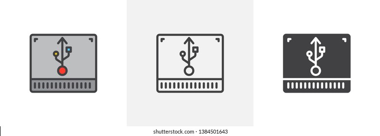 USB-Hub-Symbol Linie, Glyphe und gefüllte Umrisse bunte Version, Computer Nabe Umriss und gefüllte Vektorzeichen. Symbol, Logo-Abbildung. Unterschiedliche Stilsymbole festgelegt. Vektorgrafiken