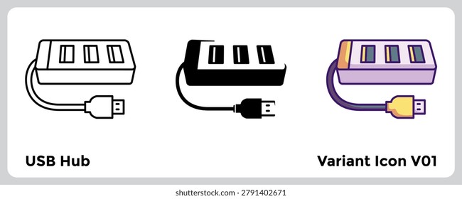 USB Hub icon symbolizes device expansion and tech efficiency in digital workstation visuals. Line, Filled, Color style.