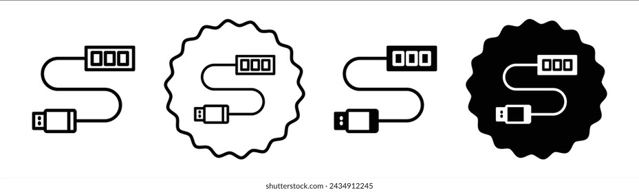 USB-Hub-Set in Schwarzweiß. USB-Hub einfacher flacher Symbolvektor