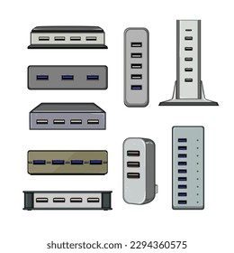 caricatura de conjunto de concentrador usb. cable de dispositivo, tecnología de datos, conexión digital, señal de hub usb de equipo de puerto. ilustración vectorial de símbolo aislado