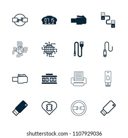 Usb icon. collection of 16 usb filled and outline icons such as phone cable, wire, digital clock, cpu in heart, cpu planet, cable. editable usb icons for web and mobile.