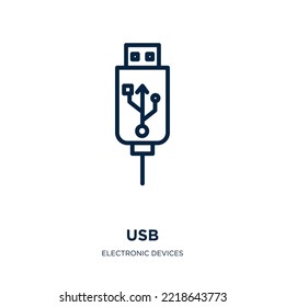 icono usb de la colección de dispositivos electrónicos. Icono delgado lineal usb, computadora, contorno tecnológico aislado en fondo blanco. Signo usb de vector de línea, símbolo para web y móvil