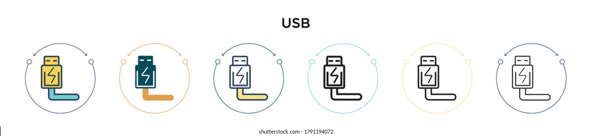 Usb icon in filled, thin line, outline and stroke style. Vector illustration of two colored and black usb vector icons designs can be used for mobile, ui, web