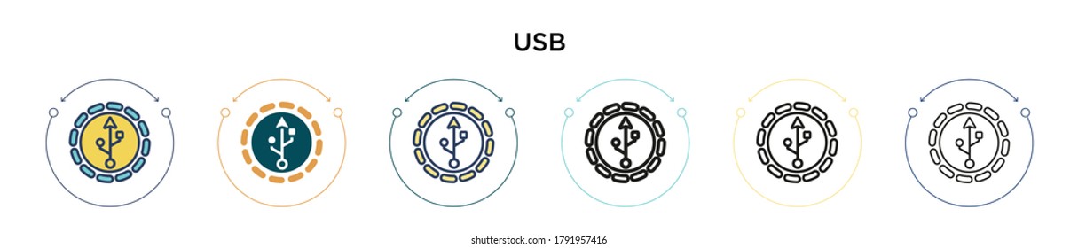 Icono Usb en el estilo relleno, delgado, contorno y trazo. Ilustración vectorial de dos diseños de iconos vectoriales usb de color y negro se pueden utilizar para móviles, ui, web