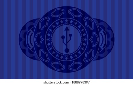 USB icon inside Blue color realistic badge. Bars handsome background. Illustration. 