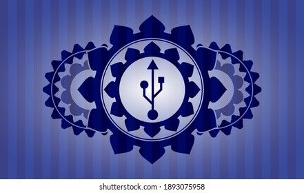 Icono USB dentro de la insignia de color azul. Barras de fondo a la moda. Ilustración artística. 