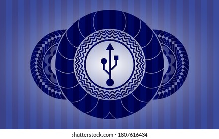 USB icon inside Blue realistic badge. Bars graceful background. Intense illustration. 