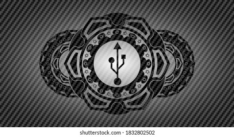USB icon inside carbon fiber dark realistic badge. Polymer texture exquisite background. Intense illustration. 
