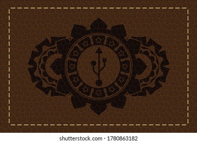 USB icon inside leather badge. Wallet handsome background. Vector illustration. 