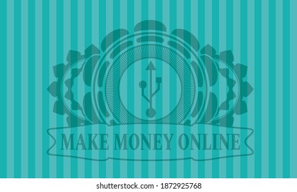 Icono USB y botón de realismo de texto de Make Money Online en el elegante fondo del patrón de la barra turquesa. Ilustración vectorial. 