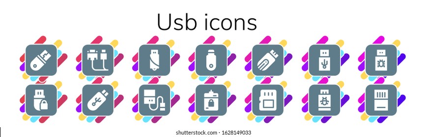 usb icon set. 14 filled usb icons.  Simple modern icons such as: Usb, Pendrive, Cable, Hard drive, Harddrive, Memory card