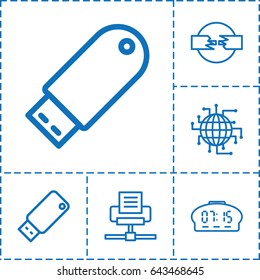 Usb icon. set of 6 usb outline icons such as flash drive, usb drive, digital clock, cpu planet, phone connection cable