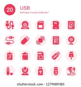 usb icon set. Collection of 20 filled usb icons included Usb, Webcam, Memory card, Hard disc, Usb cable, Hidrive, Hard drive, Harddrive, Hdmi, Pendrive, Charger