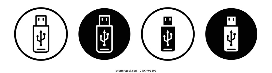 USB icon set. Flash memory drive vector symbol in a black filled and outlined style. Computer Technology flash stick sign.