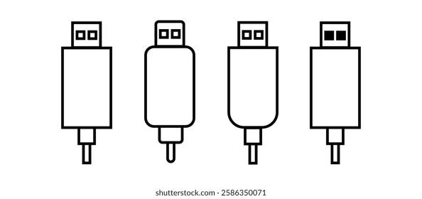 Usb icon set illustration. Flash disk sign and symbol. flash drive sign.Charging cable icon.Black Charging cable icon on white background. Vector illustration.Plug symbol, connect icon.charging backup