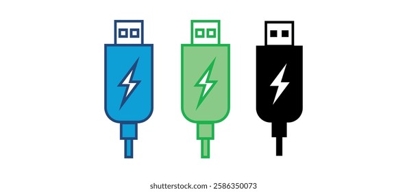 Usb icon set illustration. Flash disk sign and symbol. flash drive sign.Charging cable icon.Black Charging cable icon on white background. Vector illustration.Plug symbol, connect icon.charging backup