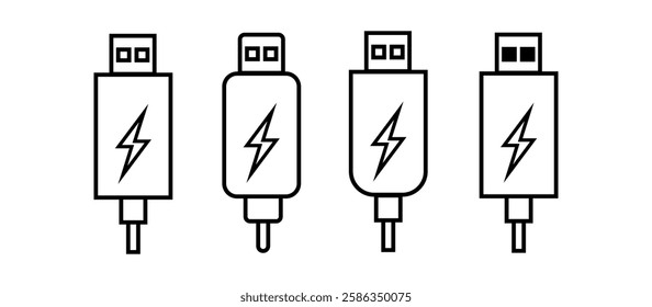 Usb icon set illustration. Flash disk sign and symbol. flash drive sign.Charging cable icon.Black Charging cable icon on white background. Vector illustration.Plug symbol, connect icon.charging backup