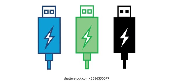 Usb icon set illustration. Flash disk sign and symbol. flash drive sign.Charging cable icon.Black Charging cable icon on white background. Vector illustration.Plug symbol, connect icon.charging backup