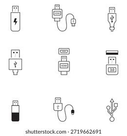 USB-Symbolsatz-Illustration. Flash-Laufwerkszeichen und -symbol. Flash-Laufwerkszeichen. USB-Kabel flach einfache Vektorsymbol Illustration.