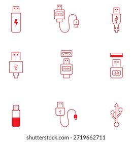 USB-Symbolsatz-Illustration. Flash-Laufwerkszeichen und -symbol. Flash-Laufwerkszeichen. USB-Kabel flach einfache Vektorsymbol Illustration.