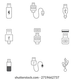 USB-Symbolsatz-Illustration. Flash-Laufwerkszeichen und -symbol. Flash-Laufwerkszeichen. USB-Kabel flach einfache Vektorsymbol Illustration.