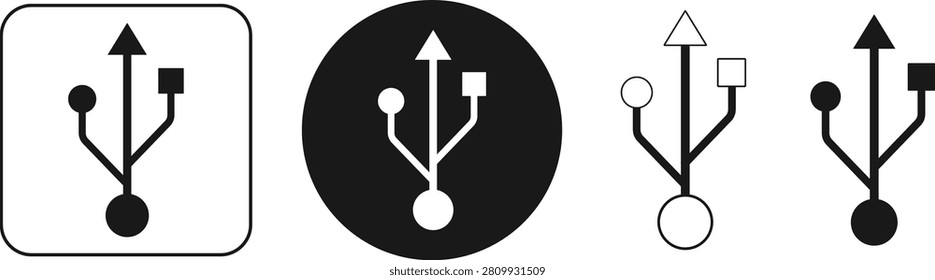 USB icon set. Universal Serial Bus connection, flash drive, hardware plug, and data transfer symbol vector illustration.