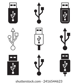Símbolo de signo del vector del icono USB para el diseño.  Señal y símbolos del vector del icono del cable USB de enchufe. EPS 10