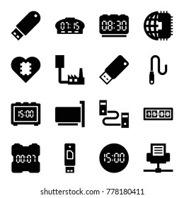 Usb icons. set of 16 editable filled usb icons such as cpu in heart, cpu planet, flash drive, usb drive, phone connection cable, cable, wire