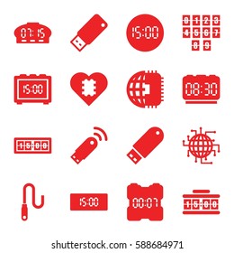 usb icons set. Set of 16 usb filled icons such as flash drive, wire, digital clock, CPU in heart
