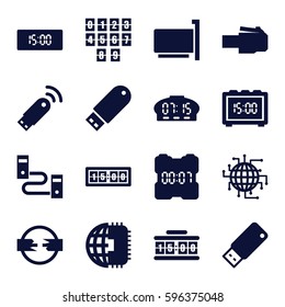usb icons set. Set of 16 usb filled icons such as flash drive, digital clock, CPU planet, phone cable, phone connection cable