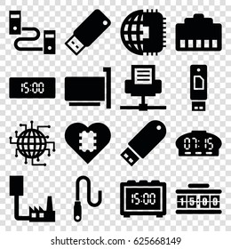 Usb icons set. set of 16 usb filled icons such as flash drive, wire, usb drive, digital clock, CPU in heart, CPU planet, phone cable, phone connection cable