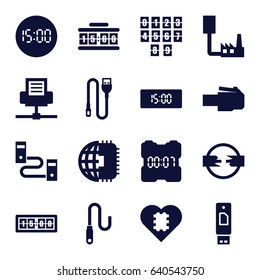 Usb icons set. set of 16 usb filled icons such as wire, digital clock, cpu in heart, cpu planet, usb drive, phone cable, phone connection cable