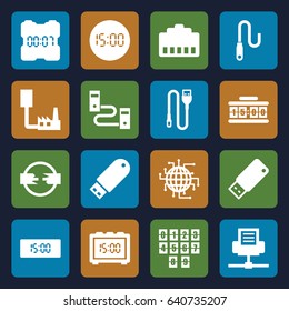 Usb icons set. set of 16 usb filled icons such as flash drive, wire, usb drive, digital clock, cpu planet, phone cable, phone connection cable