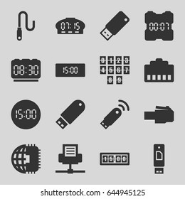 Usb icons set. set of 16 usb filled icons such as flash drive, wire, digital clock, cpu planet, phone cable
