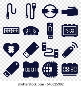 Usb icons set. set of 16 usb filled icons such as flash drive, wire, digital clock, cpu in heart, cpu planet, phone cable