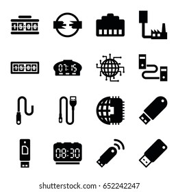 Usb icons set. set of 16 usb filled icons such as flash drive, wire, digital clock, cpu planet, phone cable, phone connection cable