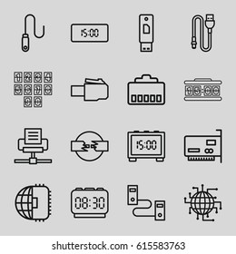 Usb icons set. set of 16 usb outline icons such as wire, digital clock, CPU planet, usb drive, phone cable, phone connection cable