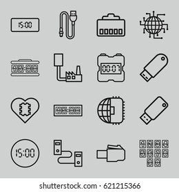 Usb icons set. set of 16 usb outline icons such as flash drive, wire, usb drive, digital clock, CPU in heart, CPU planet, phone cable, phone connection cable