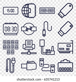 Usb icons set. set of 16 usb outline icons such as flash drive, wire, usb drive, digital clock, cpu planet, phone cable, phone connection cable
