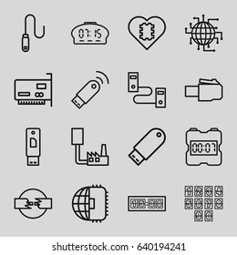 Usb icons set. set of 16 usb outline icons such as flash drive, wire, digital clock, cpu in heart, cpu planet, phone cable, phone connection cable