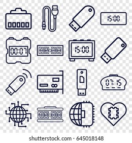 Usb icons set. set of 16 usb outline icons such as flash drive, wire, digital clock, cpu in heart, cpu planet, phone cable