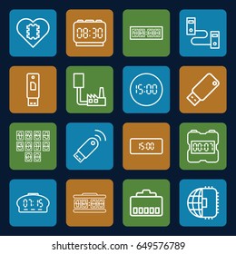 Usb icons set. set of 16 usb outline icons such as digital clock, cpu in heart, cpu planet, phone cable, phone connection cable