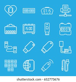 Usb icons set. set of 16 usb outline icons such as flash drive, wire, digital clock, cpu in heart, cpu planet, phone cable, phone connection cable