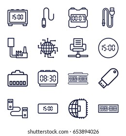 Usb icons set. set of 16 usb outline icons such as flash drive, wire, digital clock, cpu planet, phone cable, phone connection cable